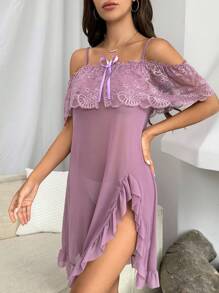 Ren tương phản Vai lạnh Viền Ruffle Nơ mặt trước Lưới Váy ngủ - Màu tím - Xem 5