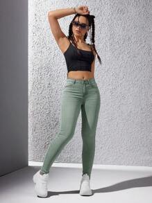 SHEIN Essnce 素色緊身九分牛仔褲 - 綠色 - 查看 1