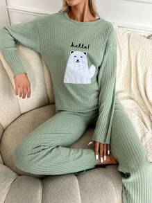 EURMUSE 2pcs/set Letter & Cartoon Embroidery Long Sleeve T-shirt And Pants Homewear Set - Green - View 5