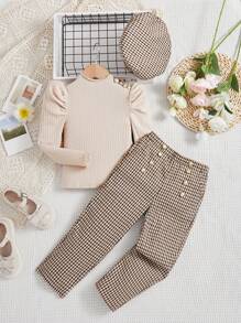 SHEIN Leap Crew 女小童小高領羊腿袖T恤&格子圖案長褲&帽 - 彩色 - 查看 4