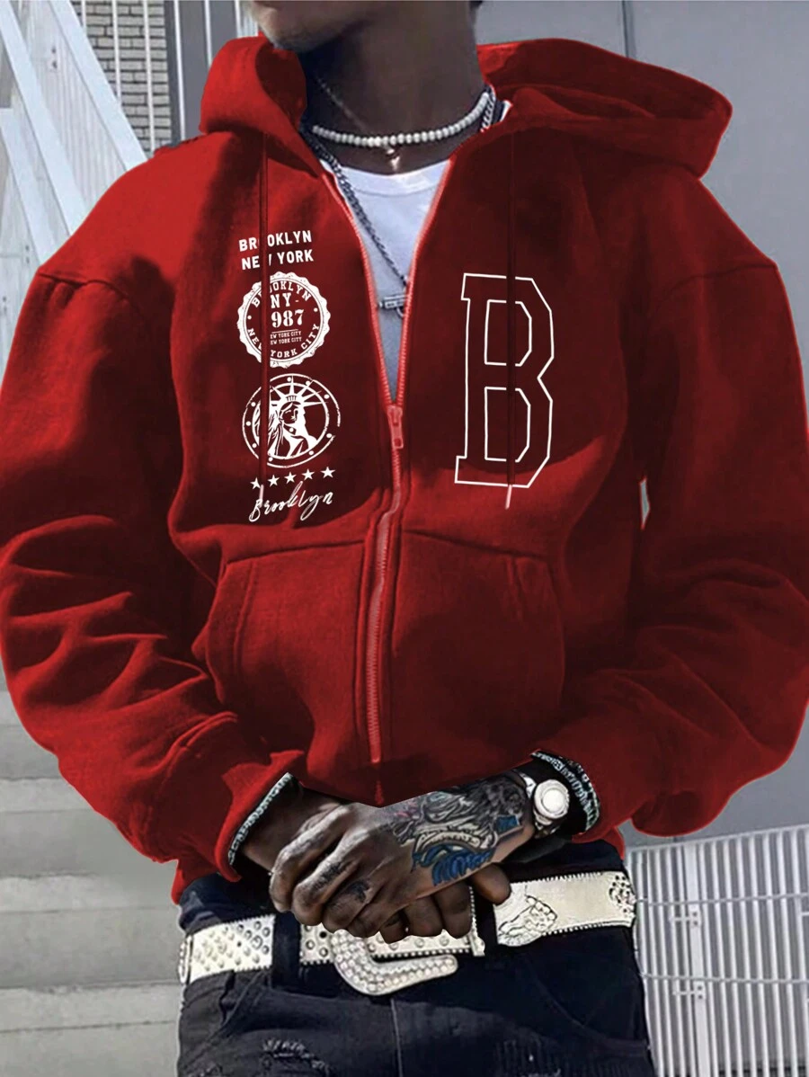 Aesthetic Post Lỏng lẻo phù hợp Nam Lá thư In Dây rút Hoodie - Đỏ - Xem 1