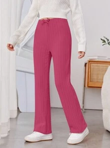 少女休閒優雅針織長褲 - 玫紅色 - 查看 1