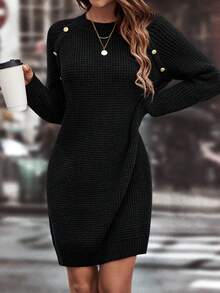 SHEIN LUNE Chi tiết Nút Tay Raglan Đầm Áo len - màu đen - Xem 5