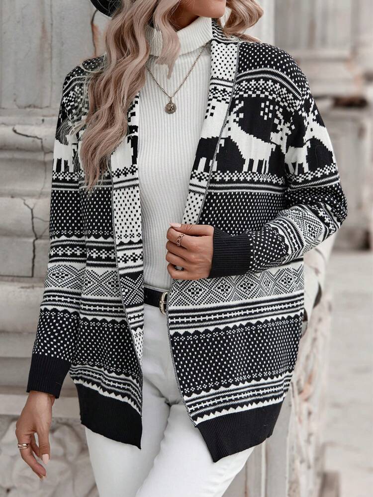 Geo & Elk Pattern Drop Shoulder Cardigan