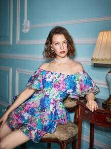 Alice McCall Designer Boho Bohemian Floral Print Off Shoulder Layer Hem Summer Elegant Dress, Outfit, For Holiday, Party, Vacation, Beach, Festival, Ibiza Fits, Wedding Prom Dress - Multicolor - View 5