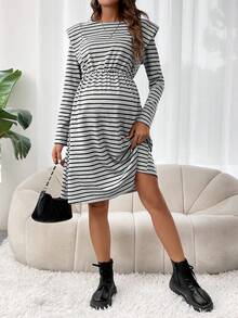 SHEIN Maternity Striped Print Shoulder Pad Dress - Multicolor - View 5