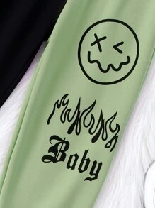 SHEIN 女小童字母圖案不對稱下擺連帽衫和運動褲&吊帶上衣 - 綠色 - 查看 5