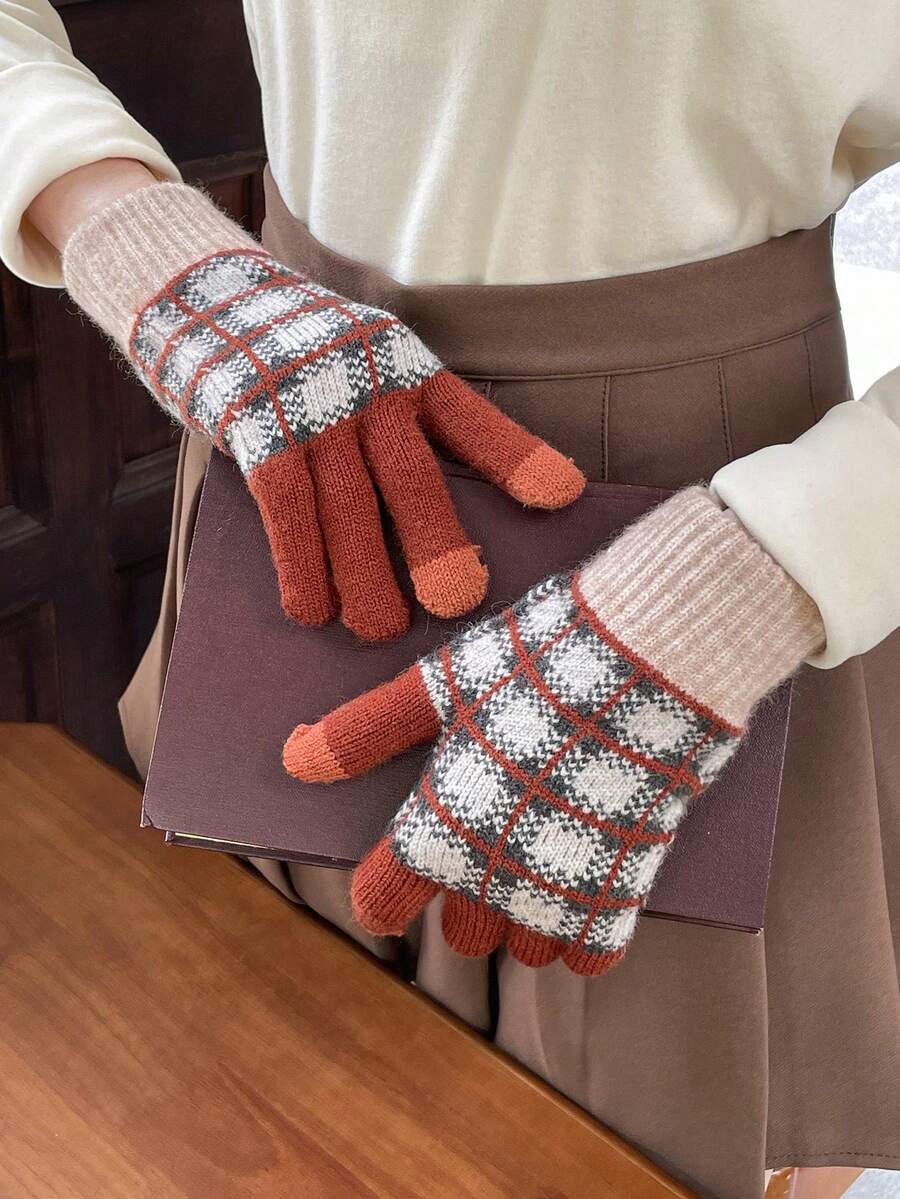 DAZY Plaid Full Finger Gloves - Brown - View 1