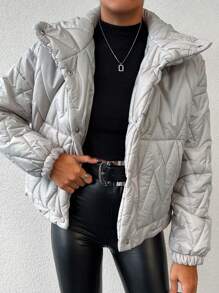 EURMUSE Women's Solid Color Drop Shoulder Long Sleeve Single-Breasted Casual Loose Winter Jacket - Beige - View 4