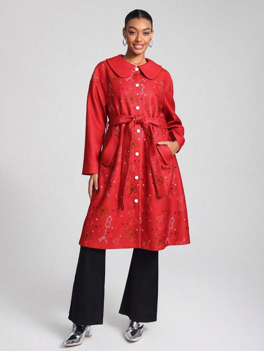 Raquel Melo Manteau long ceinturé à imprimé floral de créateur, pour les vacances, les festivals, les séjours à Ibiza - Rouge - Voir 1