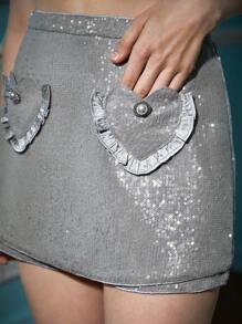 Alice McCall Designer Ruffle Zip Back Glittery Sparkle Sequin Skort, For Summer, Holiday, Festival - Grey - View 8