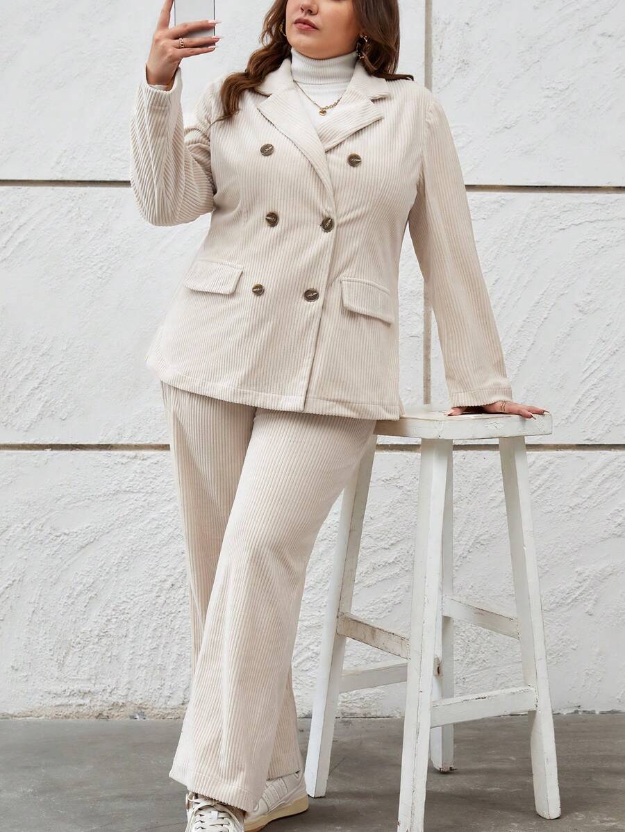 SHEIN Essnce Plus Double Breasted Blazer & Pants - Apricot - View 1