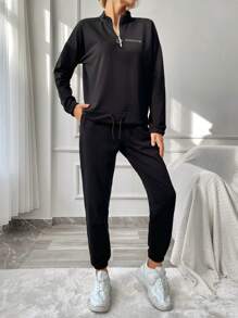 RueChic Letter Graphic Half Zip Drop Shoulder Sweatshirt & Drawstring Waist Sweatpants - Black - View 4