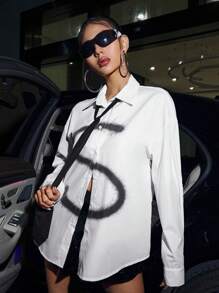 SHEIN ICON Graphic Print Drop Shoulder Shirt With Necktie - White - View 6