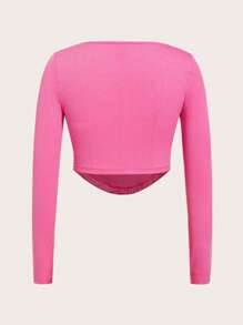SHEIN EZwear 水鑽字母貼布大圓領弧形下擺短款T恤 - 玫紅色 - 查看 2