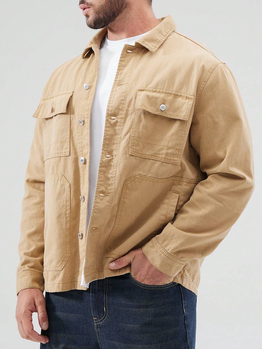 Manfinity Homme Men's Plus Size Turn Down Collar Denim Jacket - Brown - View 1