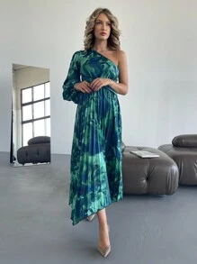 SHEIN Privé 热带印花单肩灯笼袖手帕下摆连衣裙 - 藍色 - 查看 6