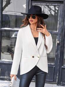 SHEIN BIZwear 青果領雙排釦花呢外套 - 白色 - 查看 1