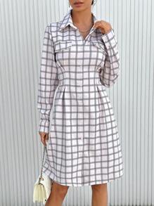 GENKIRA 格紋印花翻蓋細節襯衫洋裝 - 杏色 - 查看 5