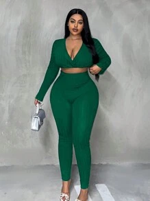 Slaydiva Plus Size Women's Deep V-neck, Hollow Out Waist Jumpsuit - Green - View 4