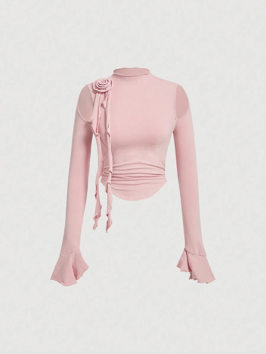 SHEIN MOD Cổ không đối xứng Đồ trang trí hoa Chi tiết Viền ven Áo thun - Hồng - Xem 1