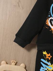 SHEIN Baby Boy Cartoon Graphic Sweatshirt & Sweatpants - Black - View 11