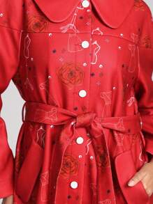 Raquel Melo Manteau long ceinturé à imprimé floral de créateur, pour les vacances, les festivals, les séjours à Ibiza - Rouge - Voir 5
