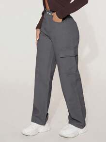 SHEIN PETITE Cao eo Túi nắp bên cạnh Quần jean chở hàng - Màu xám đen - Xem 3