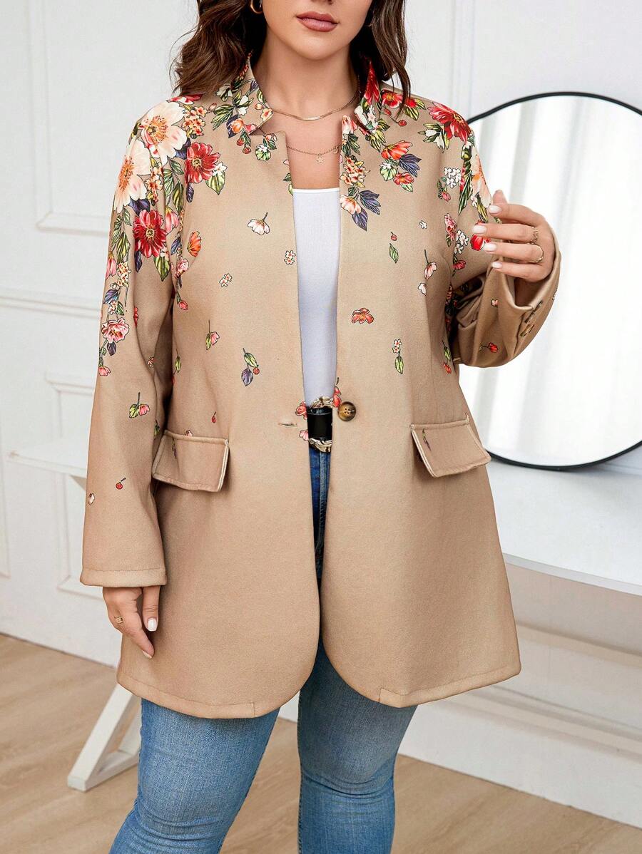 SHEIN LUNE Plus Floral Print Flap Detail Overcoat - Apricot - View 1