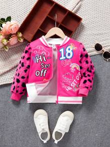 Young Girl Letter Graphic Contrast Leopard Pattern Striped Trim Varsity Jacket - Multicolor - View 1
