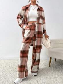 SHEIN Essnce Plaid Print Drop Shoulder Shirt & Pants - Multicolor - View 5