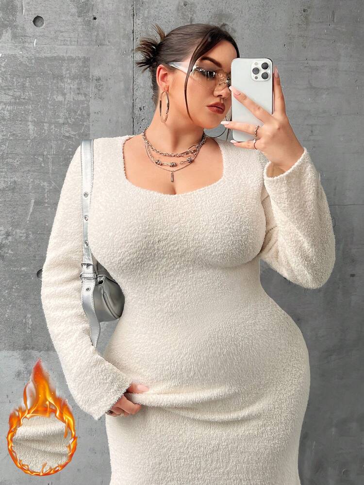 Plus Solid Scoop Neck Fuzzy Knit Bodycon Sweater Dress
