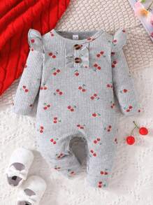 Mono De Manga Larga Con Borde De Hoja De Loto Y Patrón De Cereza Delgado Y Bonito Para Bebé Niña En La Nueva Temporada De Primavera Y Otoño En Versión Casual - Gris - Ver 2