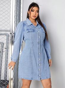 SHEIN ICON Plus Size Denim Button Front Dress With Flap Detailing, Without Belt - Blue - View 3