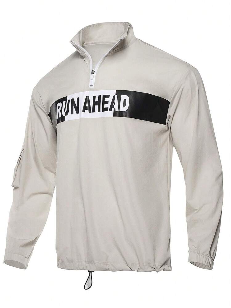 Boyfriend Style Men's Half Zip Sport Sweatshirt With Letter Print On The Chest And Drawstring Hem Design Boyfriend Style Men Sweatshirt