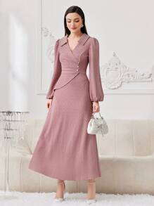 Modelyn 女士洋袖和褶皺細節的阿拉伯風格連衣裙 - 藕粉色 - 查看 3