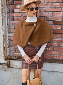 SHEIN Privé Solid Button Front Fuzzy Cape Coat - Brown - View 3