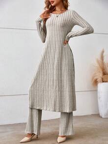 SHEIN Clasi Split Hem Tee & Flare Leg Pants - Apricot - View 4