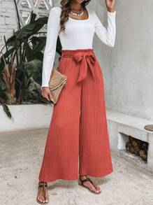 SHEIN VCAY Quý cô Màu thuần To lớn Tròn Vòng cổ Áo thun Với Thắt lưng túi giấy Thắt lưng Và Quần ống rộng Hai chiếc Bộ - Nhiều màu - Xem 1