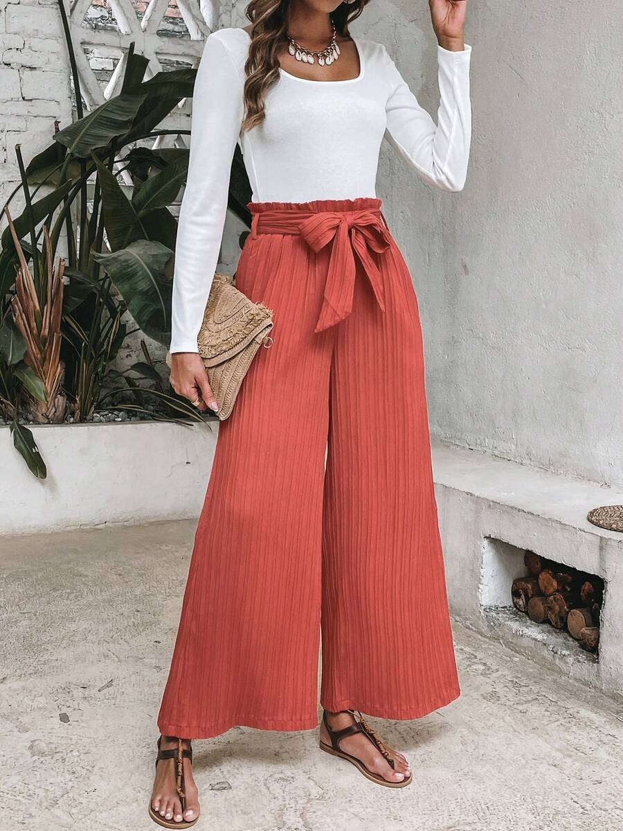 SHEIN VCAY Quý cô Màu thuần To lớn Tròn Vòng cổ Áo thun Với Thắt lưng túi giấy Thắt lưng Và Quần ống rộng Hai chiếc Bộ - Nhiều màu - Xem 1