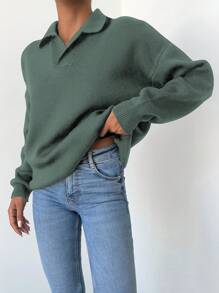 SHEIN Cottnline 女式實色寬鬆落肩休閒毛衣,圓領設計 - 青碧色 - 查看 3