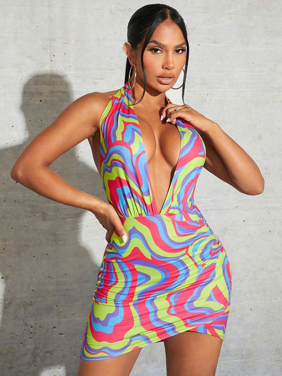 SHEIN SXY 滿版印花深V領露背吊脖緊身洋裝 - 彩色 - 查看 1