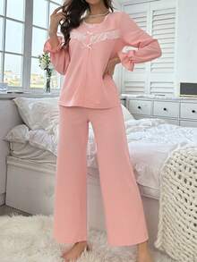 Contrast Lace Flare Sleeve PJ Set - Coral Pink - View 3