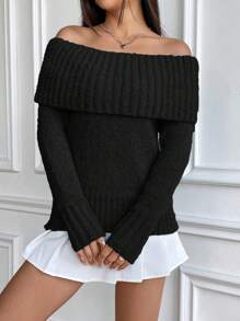 SHEIN Unity Women's Off Shoulder Sweater,Long Sleeve Tops Knit Pullover Fall Winter Sweater - Black - View 6