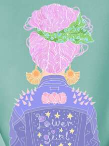 Áo nỉ cổ tròn họa tiết đơn giản, dáng rộng, phù hợp cho mùa thu/đông, dành cho bé gái tuổi teen - Màu xanh Bạc hà - Xem 4