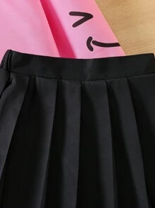 SHEIN Chica preadolescente con estampado de letra de color combinado Capucha & Falda fruncido