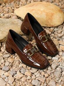 Fall/Winter Women's Square Toe Fashion Loafers, Casual -On Chunky Heel Mules, Elegant - Coffee Brown - View 3