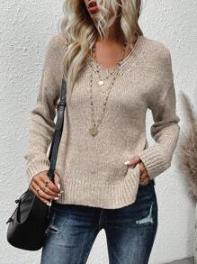 SHEIN Essnce Drop Shoulder Split Hem Sweater - Mocha Brown - View 7