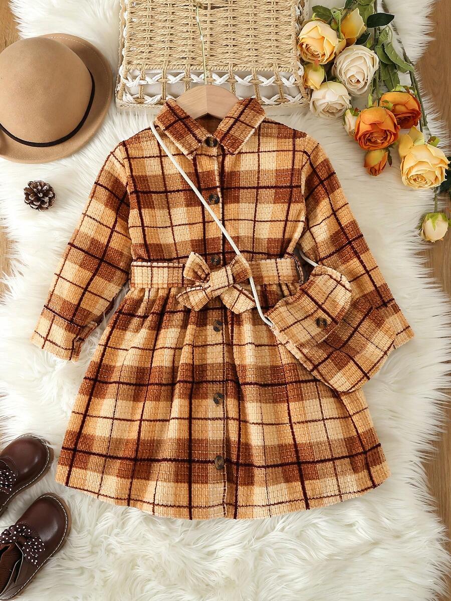 SHEIN Young Girl Plaid Print Belted Shirt Dress