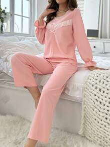 Contrast Lace Flare Sleeve PJ Set - Coral Pink - View 1